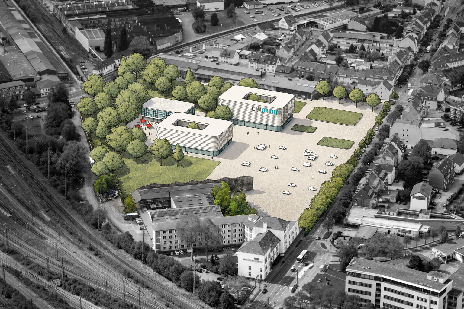 Campus QuaDraht – Konzeptcollage mit Neubauten und begrünten Freiräumen im Luftbild